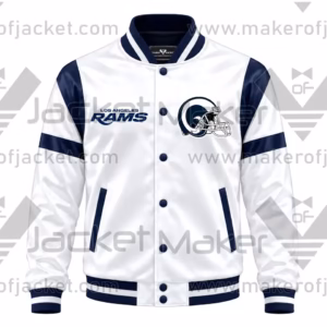 Front View of White Navy Rams Satin Jacket Featuring White and navy Accents and Team Logos.