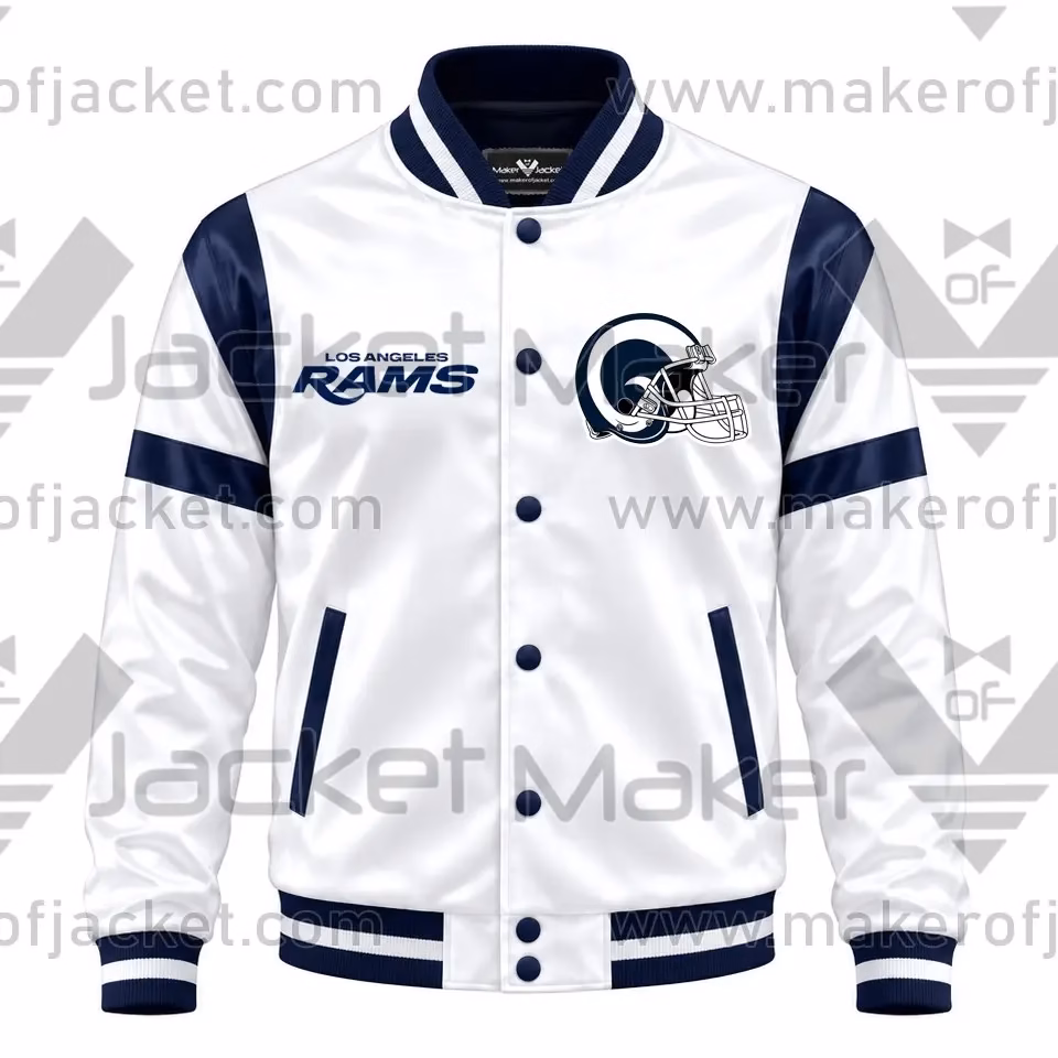 White-Navy-Rams-Satin-Jacket-1 Front View of White Navy Rams Satin Jacket Featuring White and navy Accents and Team Logos.