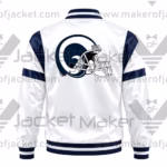 Back View Of White Navy Rams Satin Jacket Featuring Large LA Rams Helmet Logo.