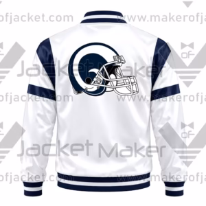 Back View Of White Navy Rams Satin Jacket Featuring Large LA Rams Helmet Logo.