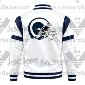 Back View Of White Navy Rams Satin Jacket Featuring Large LA Rams Helmet Logo.