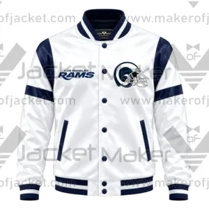 Front View of White Navy Rams Satin Jacket Featuring White and navy Accents and Team Logos.
