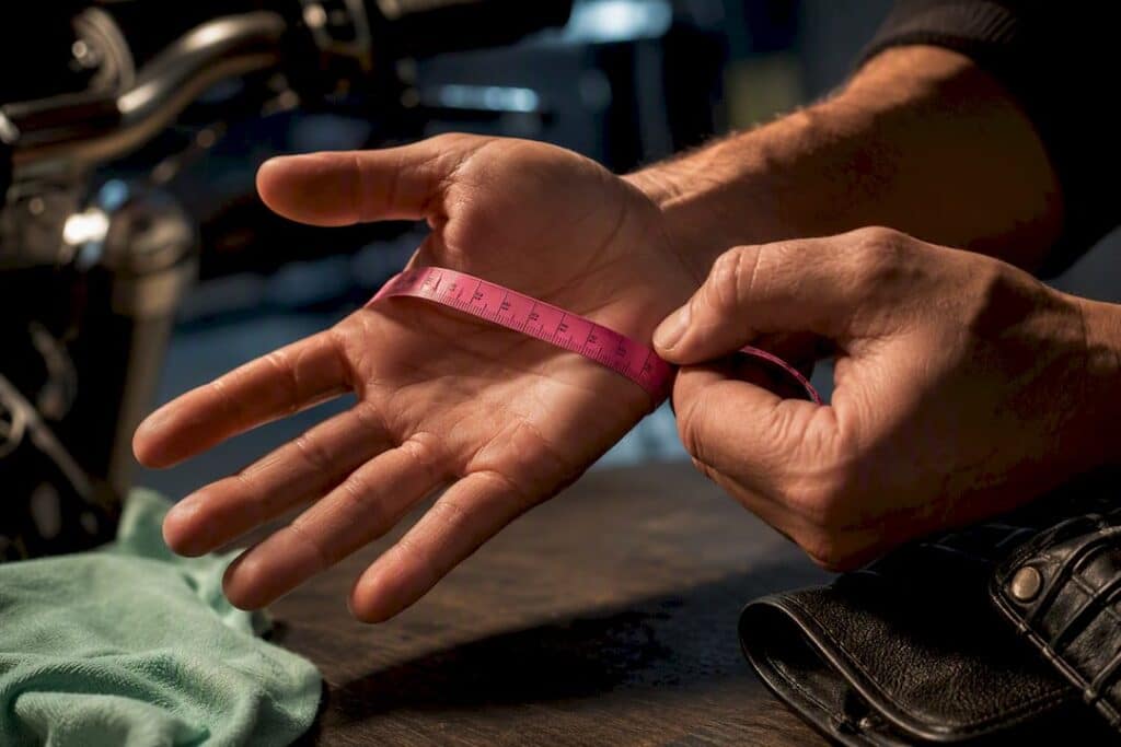 Hands measuring palm for motorcycle gloves