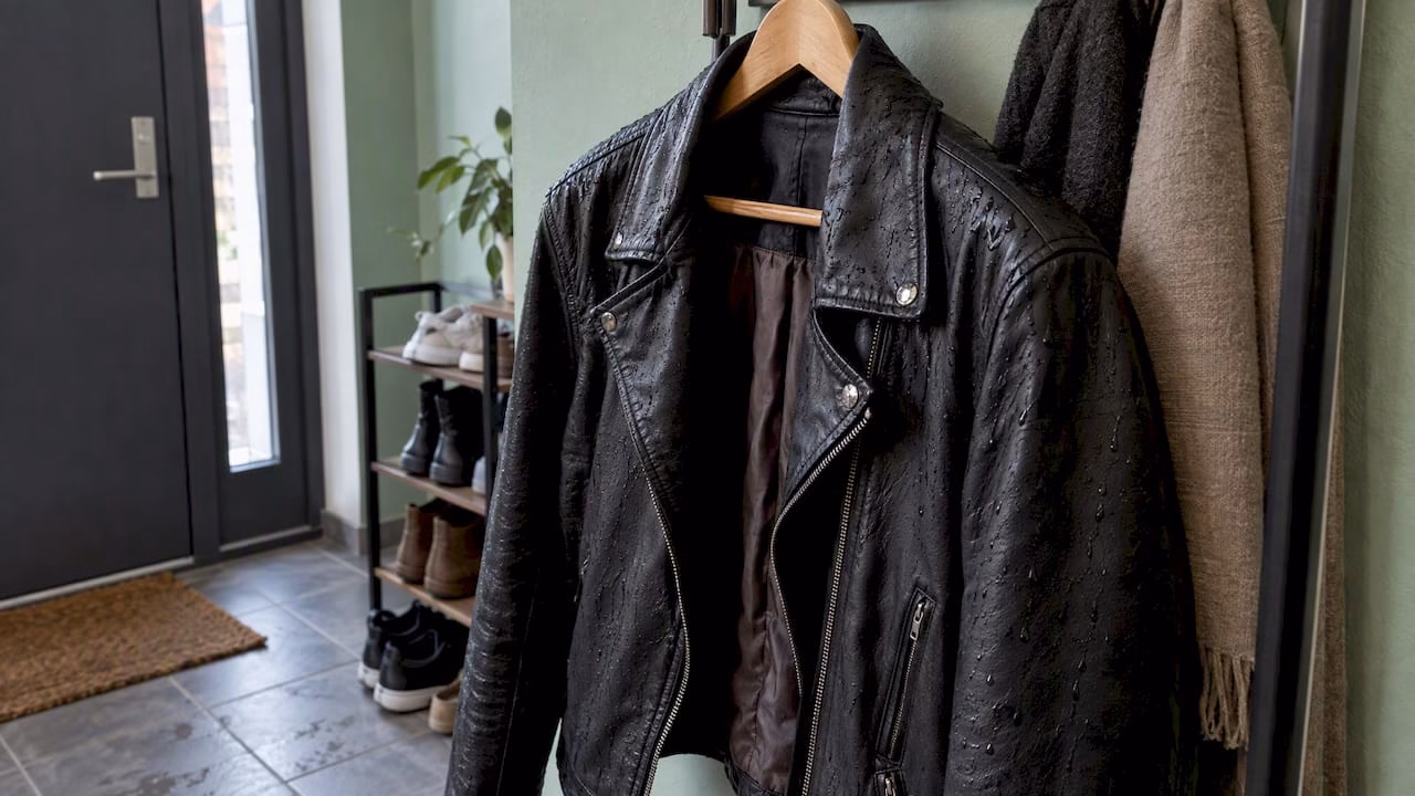 Rain-damp leather jacket hanging to dry