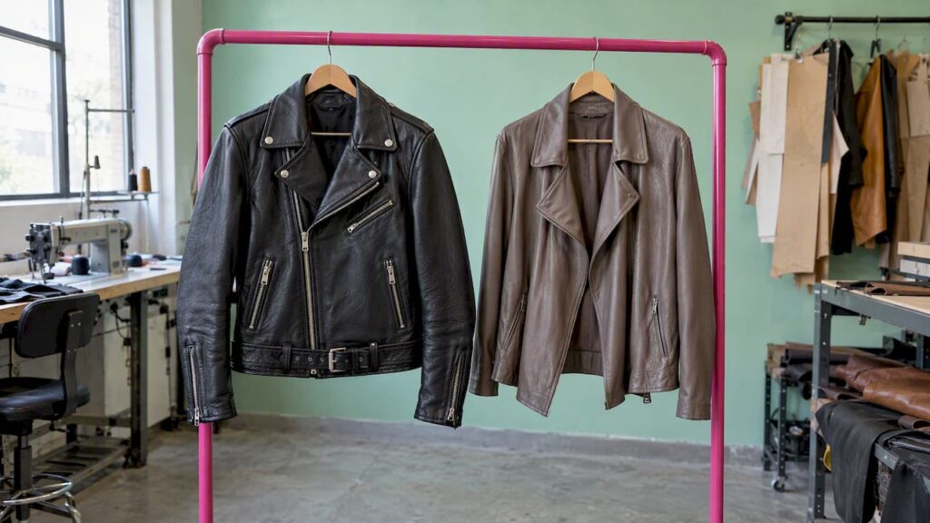 Cowhide and lambskin jackets side by side