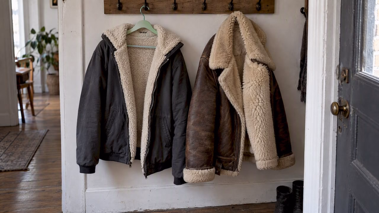 Sherpa and shearling jackets compared in entryway