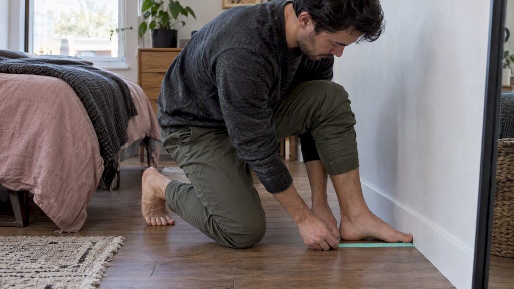 Shopper measuring foot length with ruler