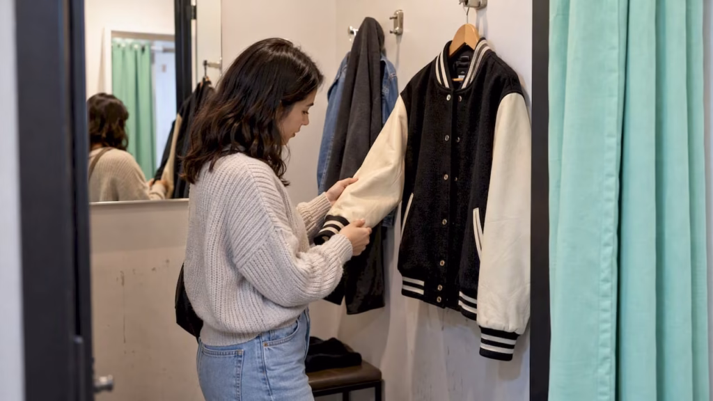 Buyer examining a letterman jacket in a fitting room