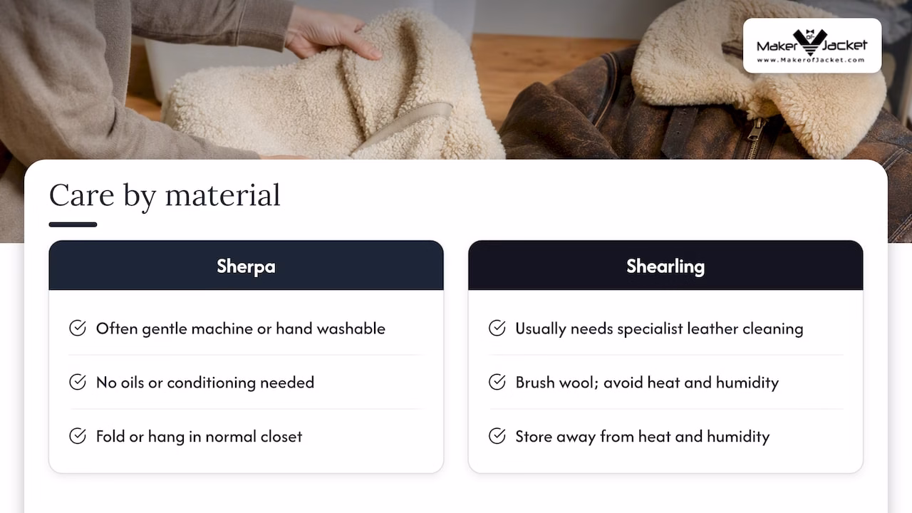 Care differences between sherpa and shearling jackets