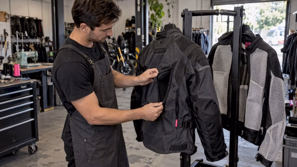 Rider inspecting jacket chest and sleeve vents