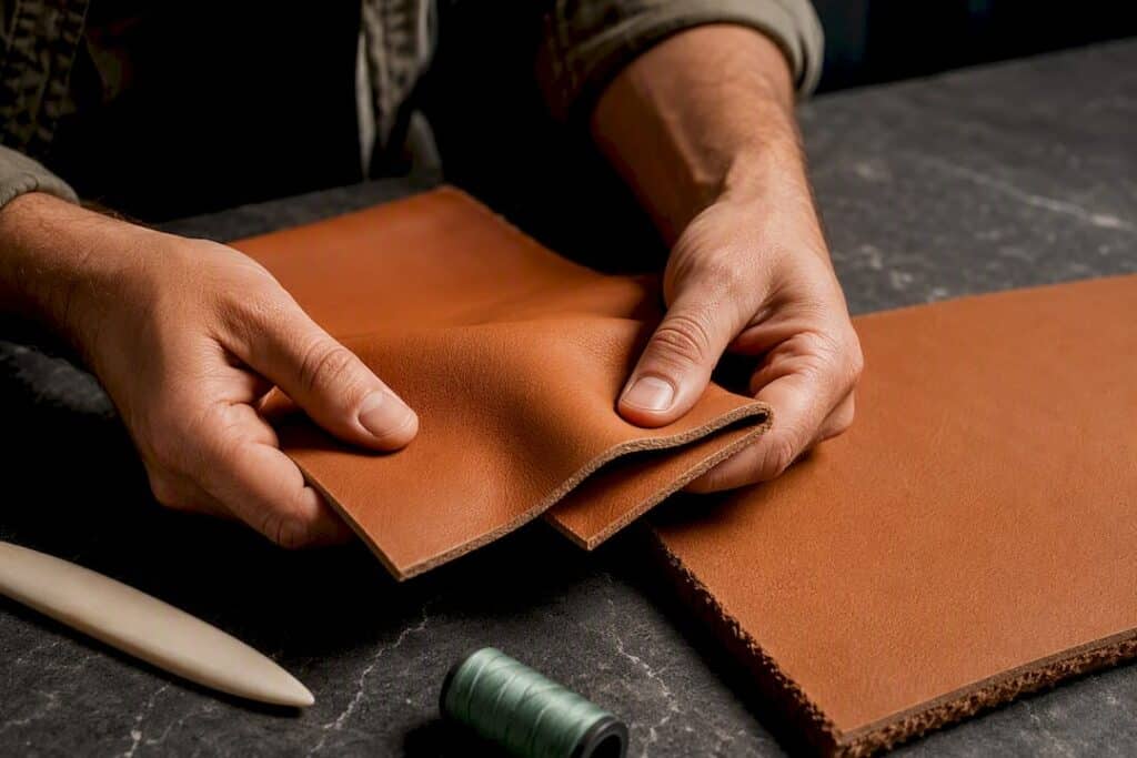 Hands inspecting Nappa leather swatches
