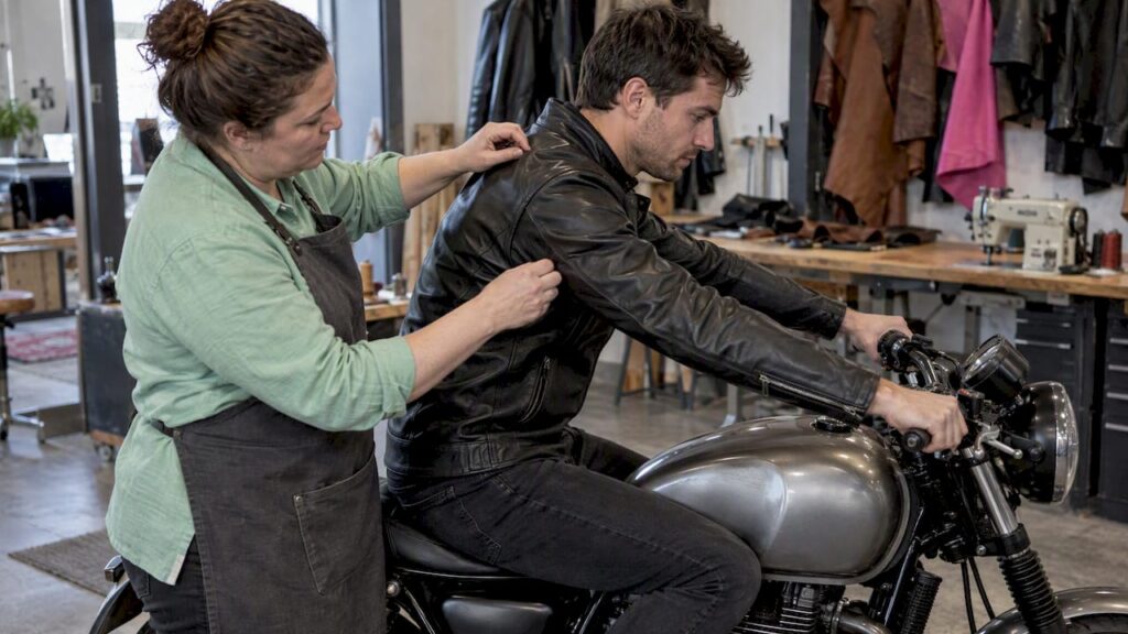 Tailor assessing a rider's jacket fit