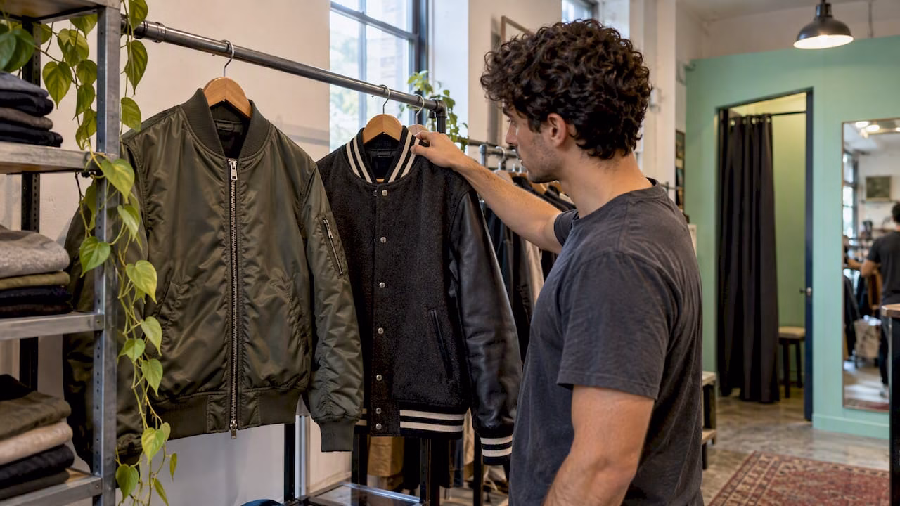 Bomber and varsity jackets compared in a shop