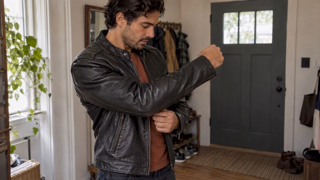 Man flexing arm in leather jacket