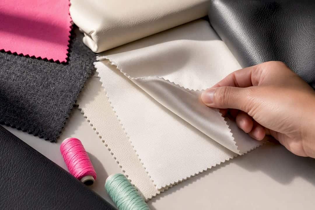 Wool leather cotton and satin fabric swatches