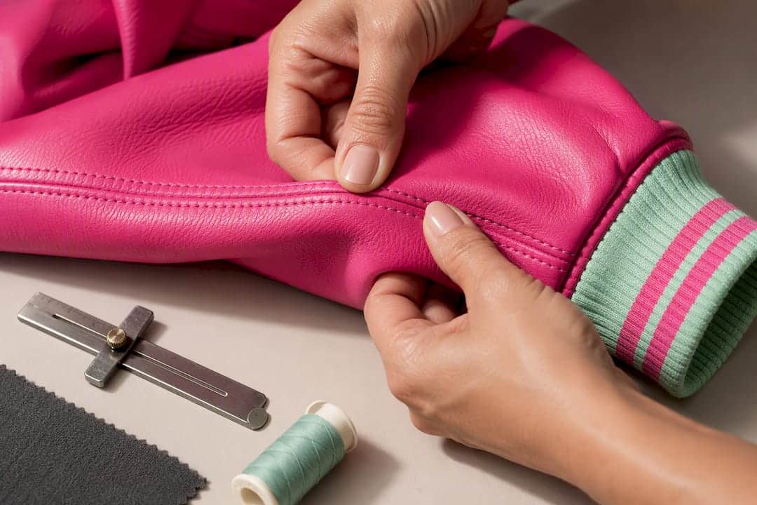 Close-up of stitching on leather sleeve seam