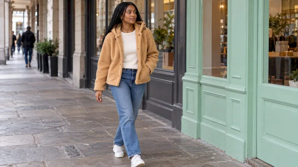 Model wearing the cropped sherpa style hoodie