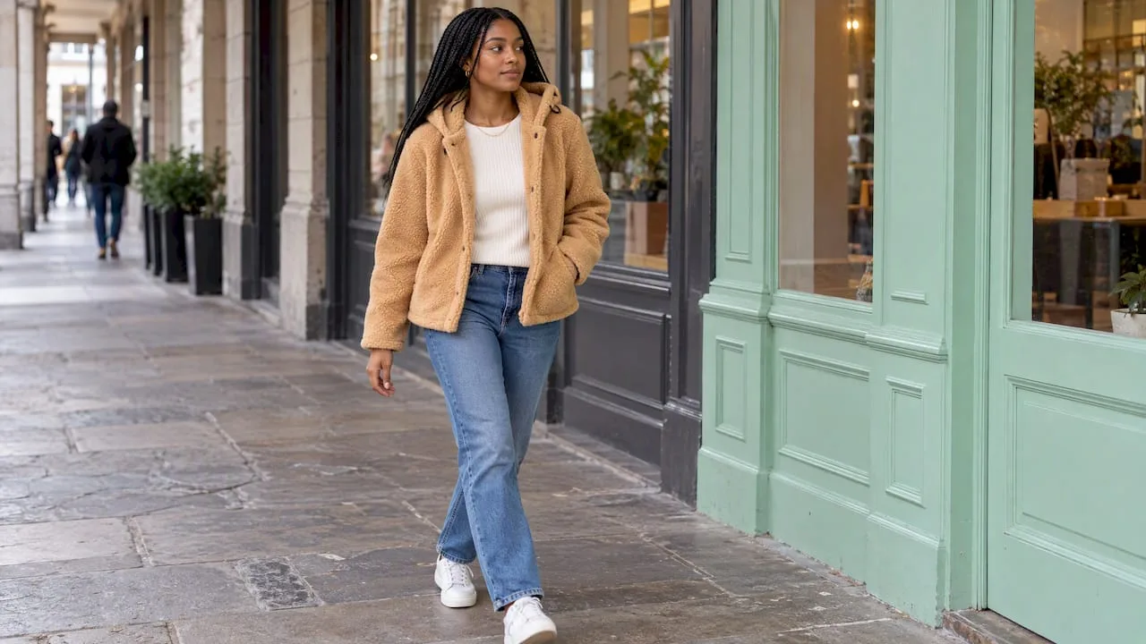 Model wearing the cropped sherpa style hoodie