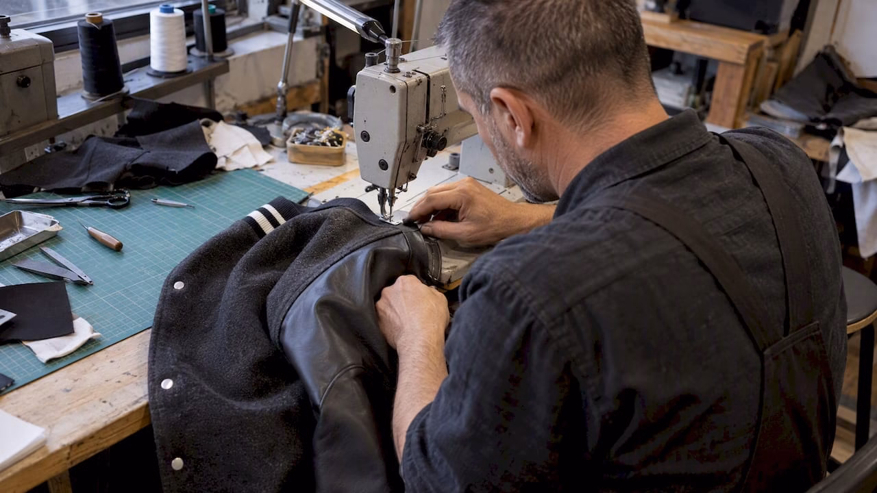 Tailor joining a leather sleeve to wool