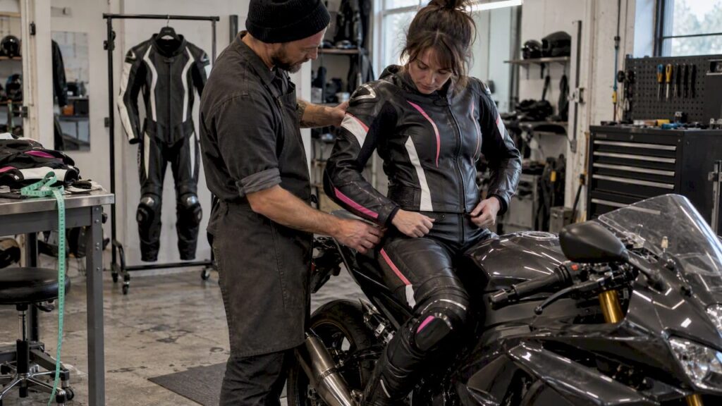 Rider comparing motorcycle suit fit