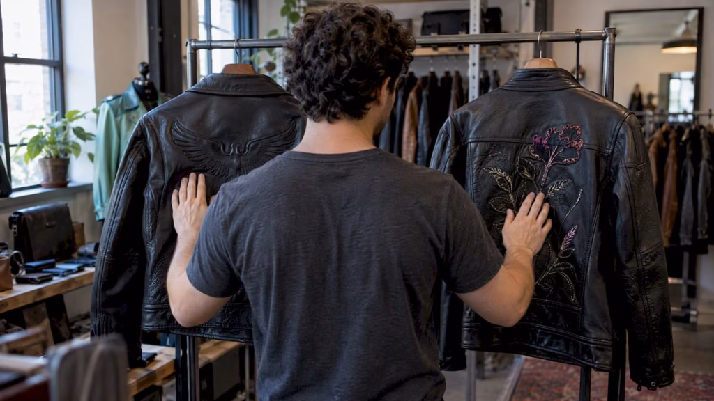 Leather jackets showing embossed and embroidered finishes
