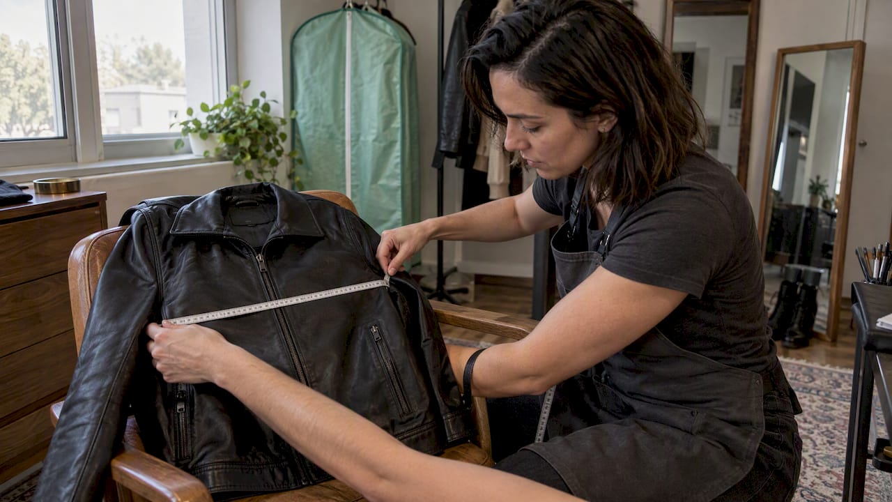 Woman measuring leather jacket chest ease