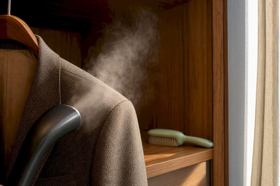 Steaming fabric on a shaped wooden hanger