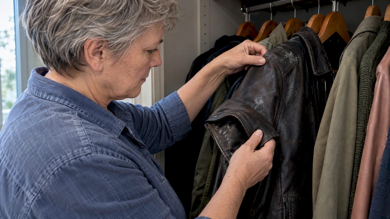 Inspecting leather jacket for bloom and mold
