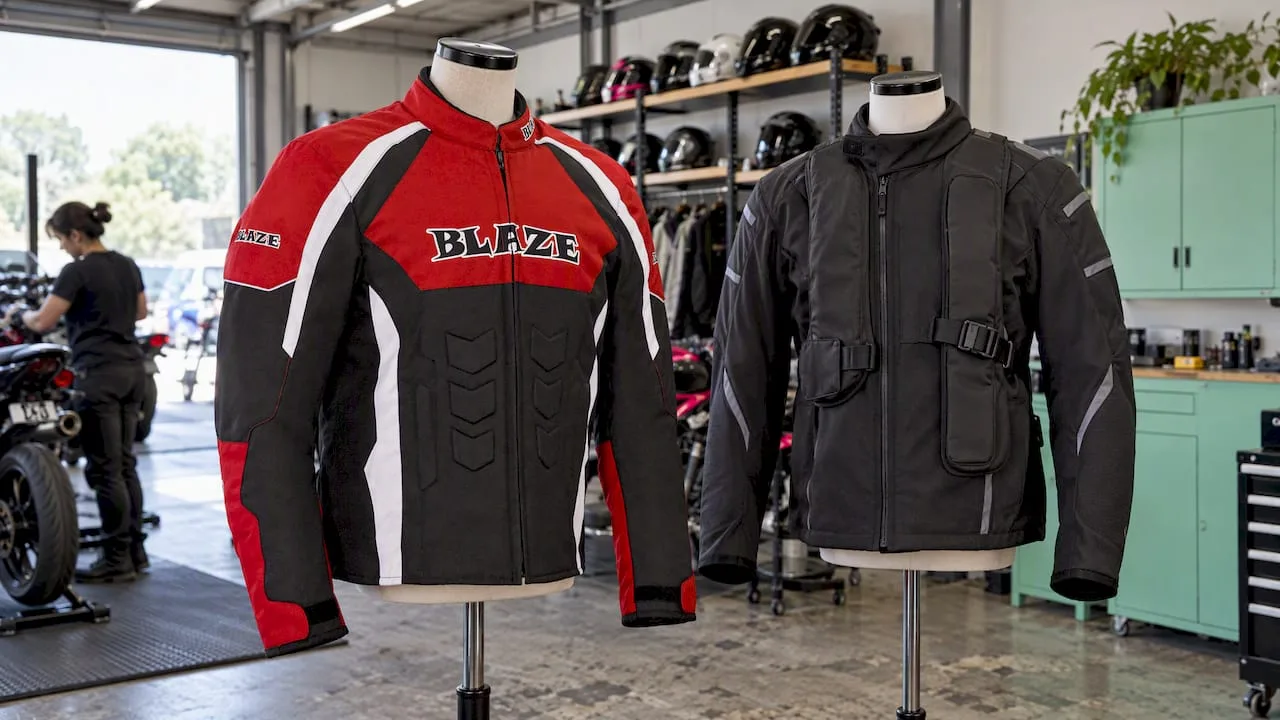 Padded motorcycle jacket beside an airbag jacket