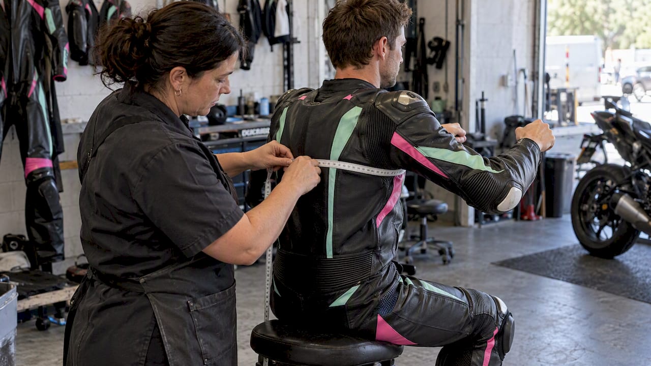 Tailor measuring seated motorcycle rider