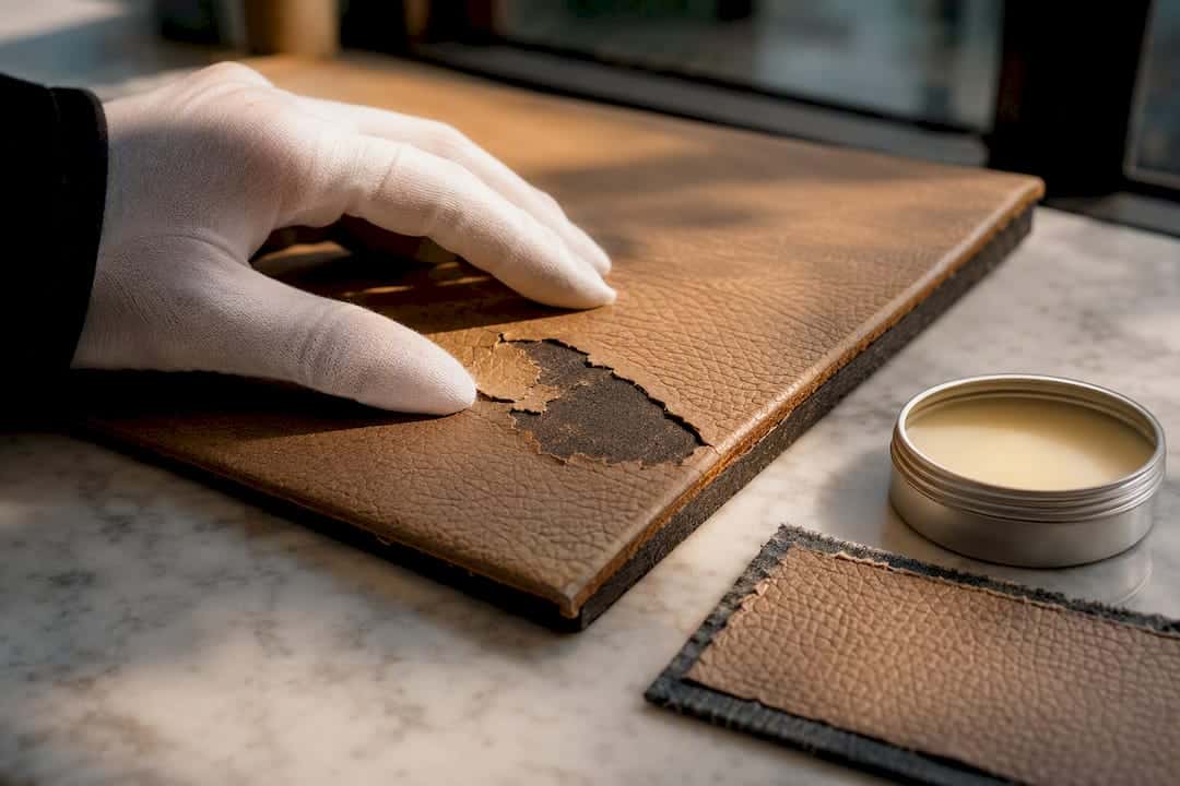 Peeling bonded leather coating at repair bench