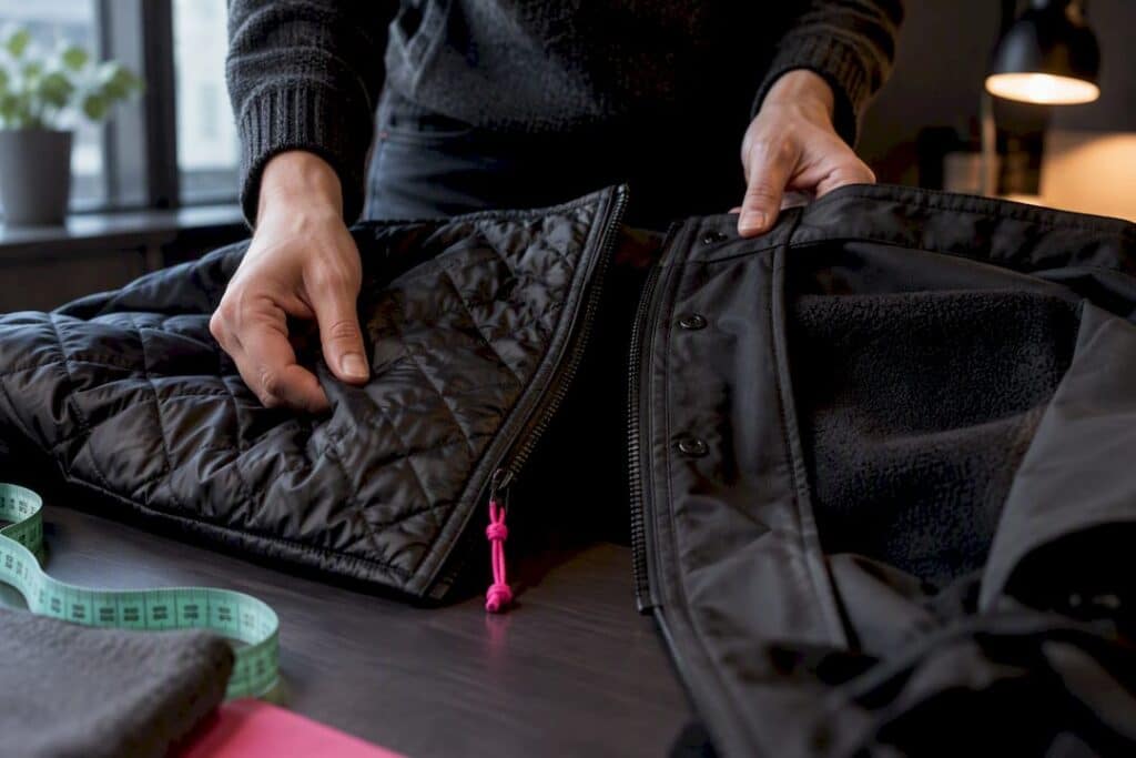 Hands comparing removable jacket liner construction