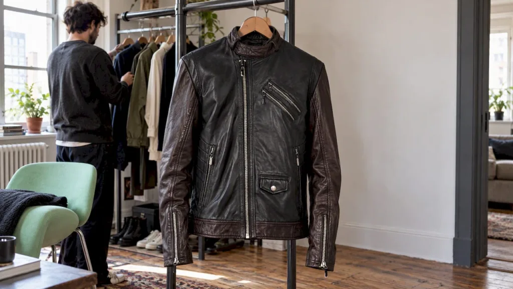 Black and brown biker jacket in an apartment