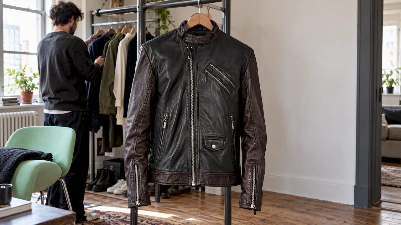 Black and brown biker jacket in an apartment