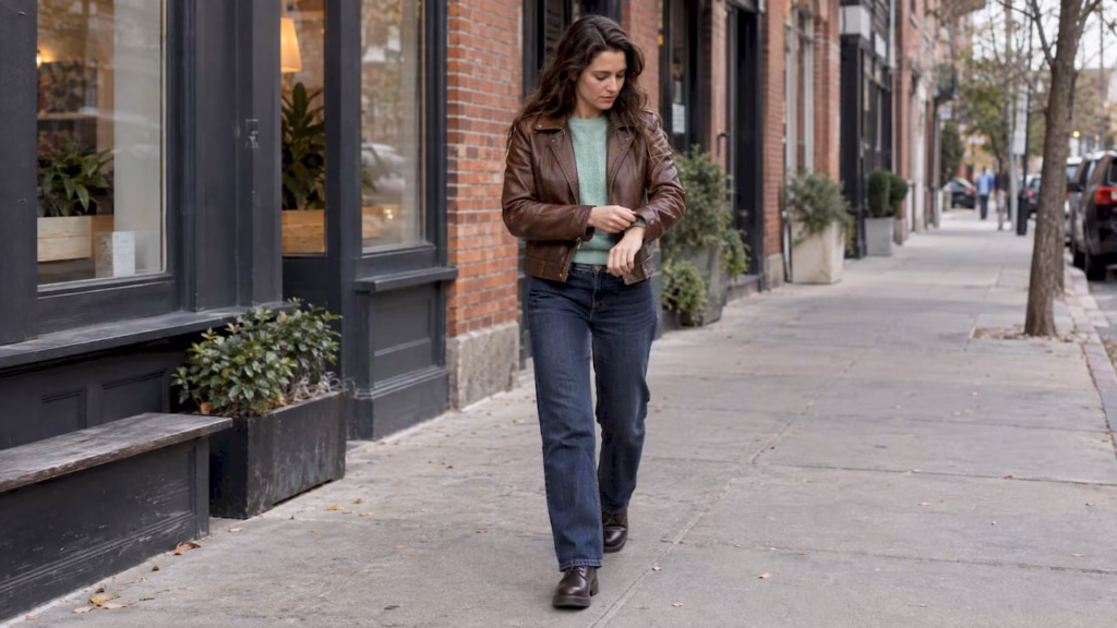 Woman wearing a brown leather jacket outfit