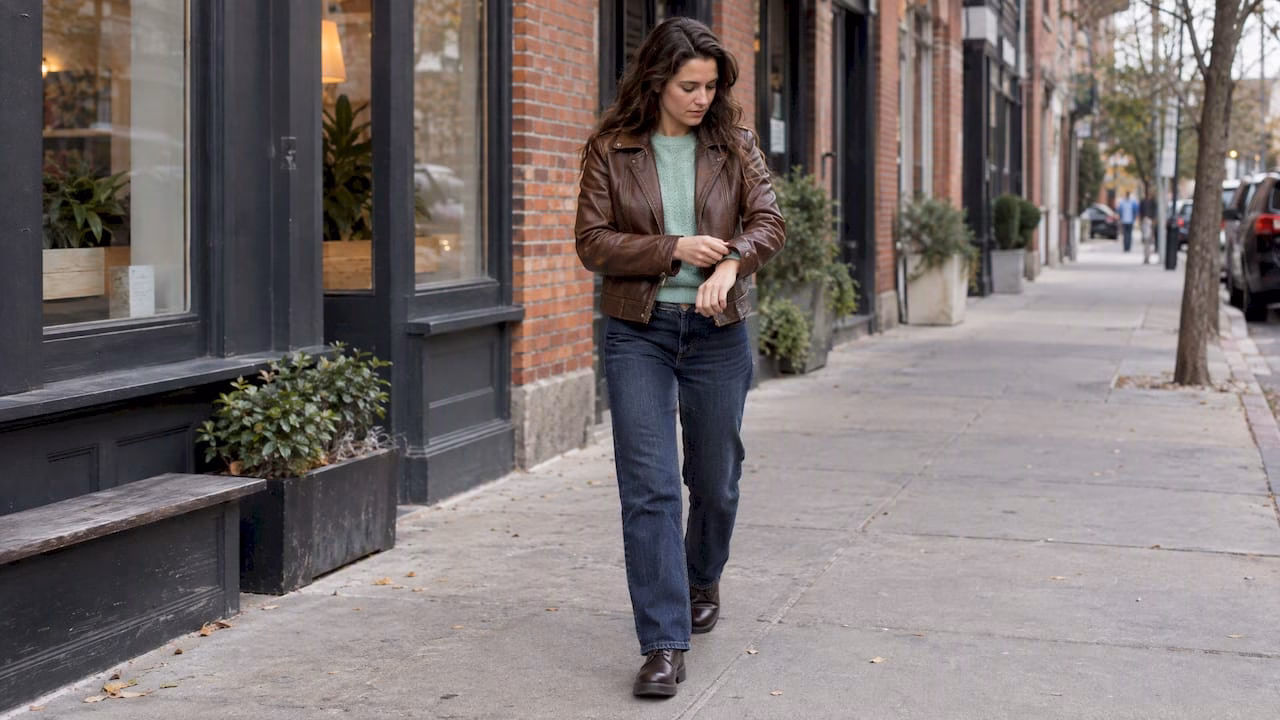 Woman wearing a brown leather jacket outfit