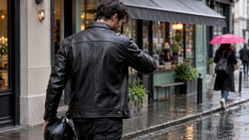 Leather jacket worn safely in light rain