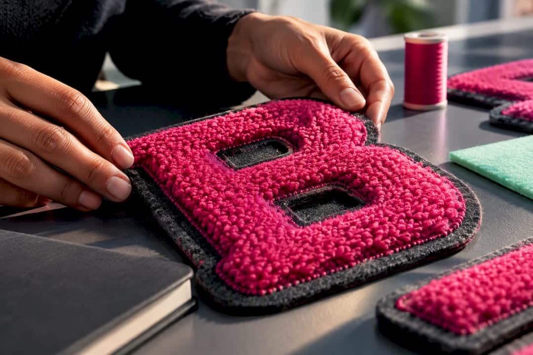 Close-up of durable chenille letterforms