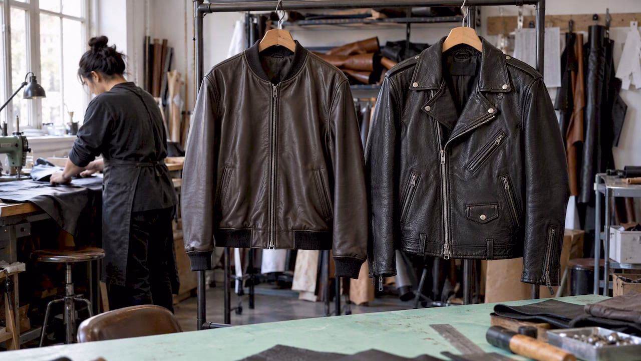 Lambskin bomber beside cowhide biker jacket