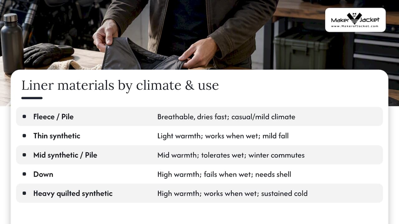Liner materials matched to climate and activity