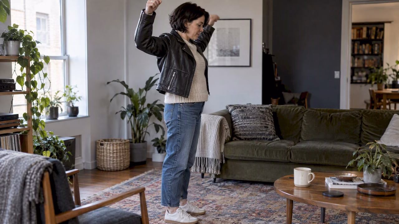 Wearer checks jacket movement over a sweater