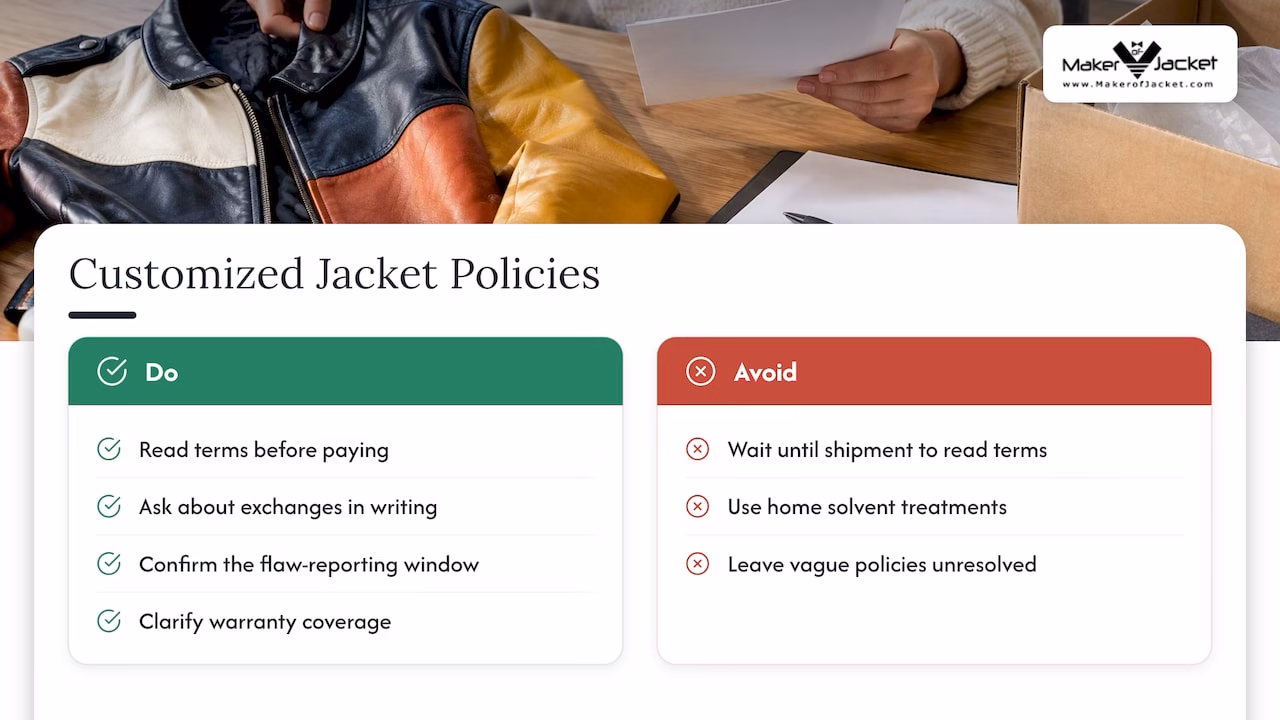 What are the return, exchange, and warranty policies for customized leather jackets? — overview diagram