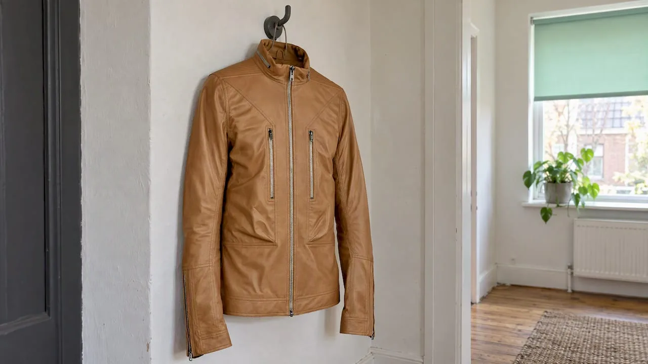 Tan leather jacket hanging in a shaded alcove