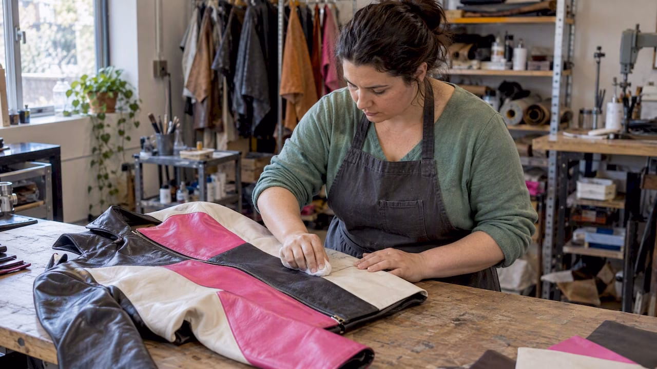 Maker checking a leather jacket panel seam