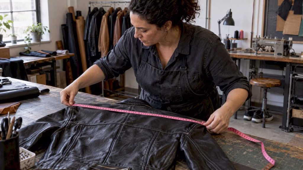 Maker measuring jacket shoulders beside shoes
