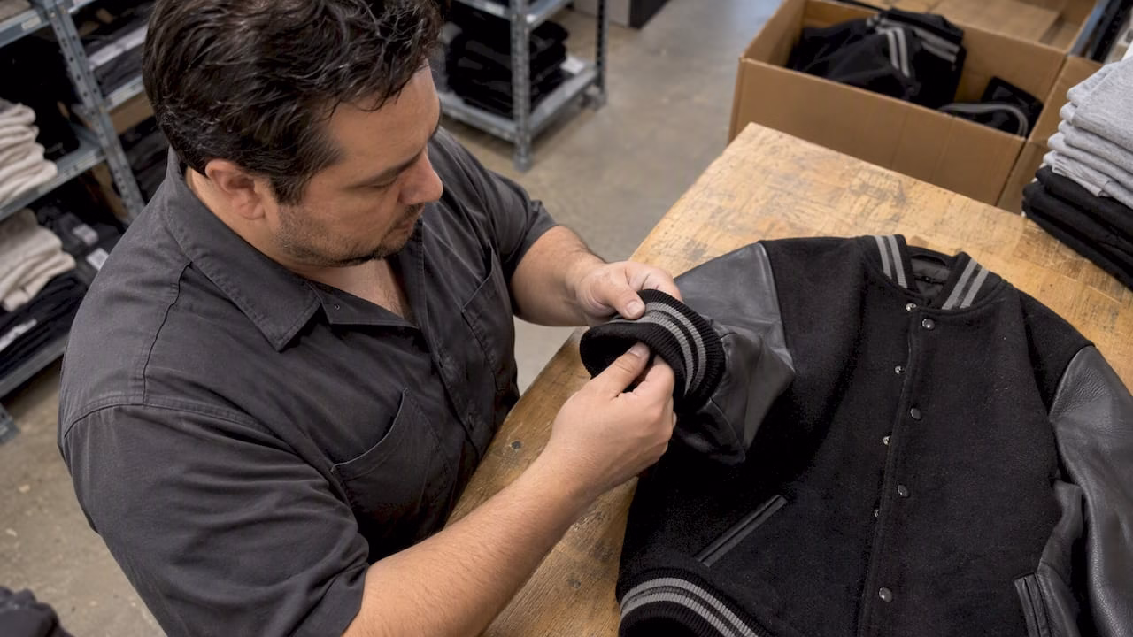 Letterman jacket cuff and sleeve materials under inspection